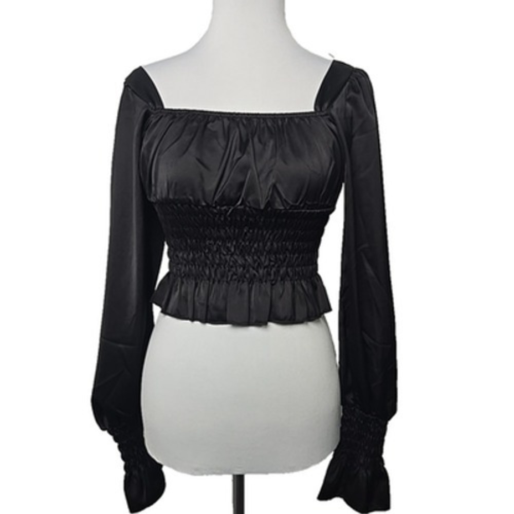 HYFVE Black Satin Long Sleeve Smocked Crop Top Size Medium